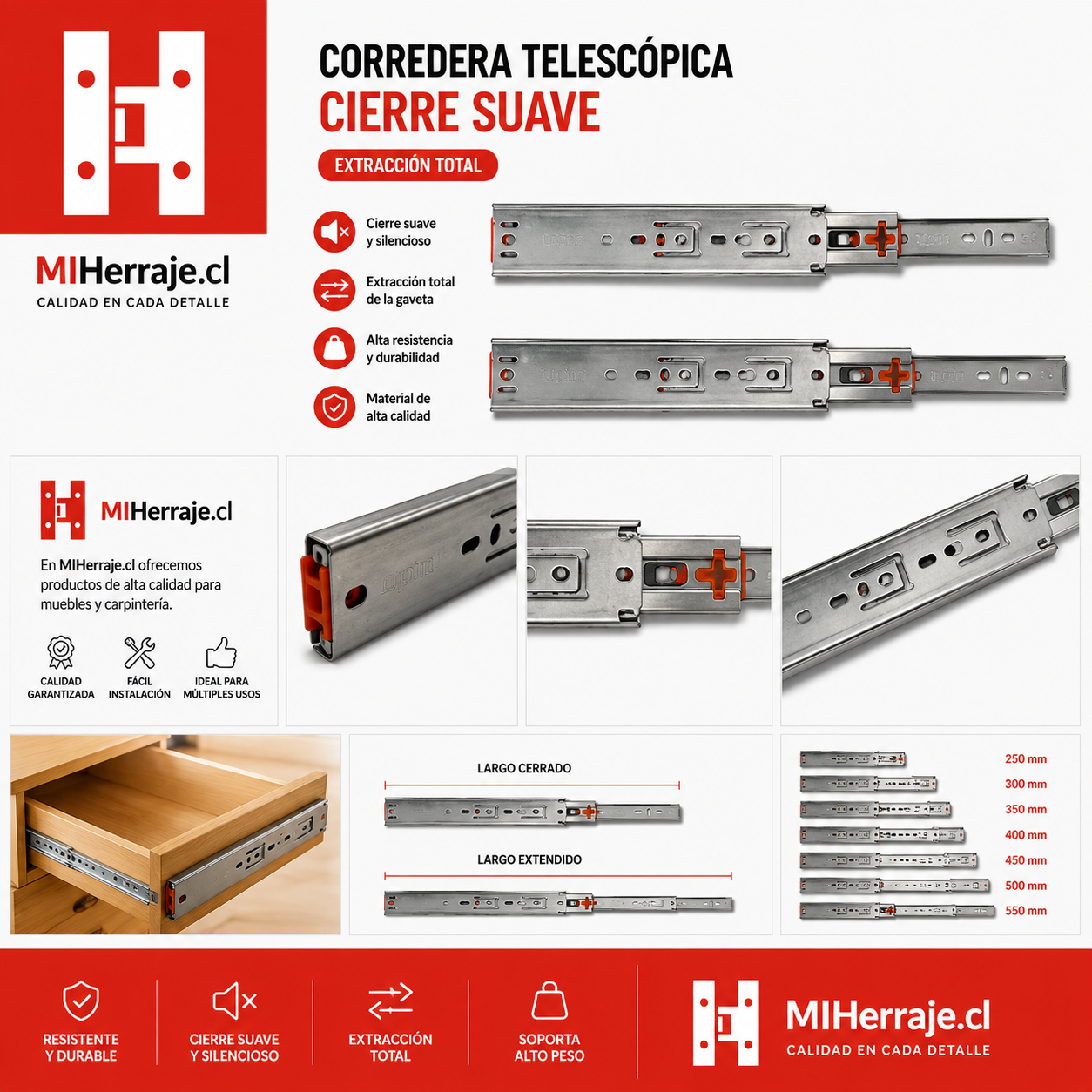 Corredera Telescópica Cierre Suave